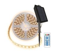 Suprema, Kit de tira LED solar de exterior de 5 m, luz cálida, sensor crepuscular, doble carga USB-C/solar, 8 efectos, adhesivo de doble cara y mando a distancia incluidos