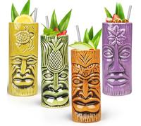 SuproBarware Juego de 4 Tazas Tiki de Cerámica, Vasos para Cócteles Exóticos con Pajitas, Jarra para Fiesta Hawaiana de Mai Tai y Piña Colada, Barra Profesional