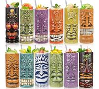 SuproBarware Tiki Mugs - Juego de 12 vasos grandes de cóctel Tiki para fiesta hawaiana, lindos vasos de cóctel exóticos, taza de cerámica hawaiana
