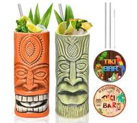 SuproBarware Tiki Mugs Juego de 2 tazas de cerámica tiki para cócteles, copas tropicales grandes, para fiesta hawaiana, bebidas bar vasos exóticos lindos, paquete de regalo