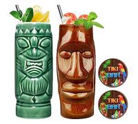 SuproBarware Tiki Mugs - Juego de 2 vasos de cerámica para fiestas hawaianas, vasos de cóctel exóticos, vasos Tiki para cócteles, fiestas exóticas