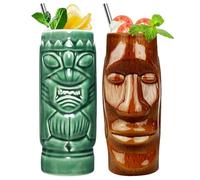 SuproBarware Tiki Mugs - Juego de 2 vasos de cerámica para fiestas hawaianas, vasos de cóctel exóticos, vasos Tiki para cócteles, fiestas exóticas
