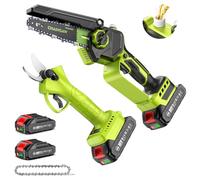 Supstable Mini Motosierra a Batería 6 Pulgadas & Tijeras de Podar Eléctricas 33 mm, 2-en-1 Kit Herramientas de Jardín con 2 × 2000 mAh Baterías, Motor Brushless, Ideal para Corte de Troncos y Ramas