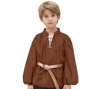 SUPTTING Camisa medieval para niños con cordones, cuello alto, manga larga, túnica, disfraz de caballero, camiseta vikinga, cinturón renacentista, carnaval, cosplay, juego de rol histórico LARP