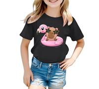 SUPTTING Camiseta de manga corta para niña, camiseta de manga corta y cuello redondo Kawaii, meme de Internet con estampado de capibara, camiseta de verano, corte regular para excursiones escolares