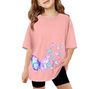 SUPTTING Camiseta de verano para niña, bonita y cómoda, cuello redondo, impresión gráfica, camiseta de manga corta, informal, camiseta de verano, diseño de mariposas, gran tamaño para excursiones