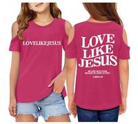 SUPTTING Camiseta para niña con estampado religioso y hombros recortados Top con verso de la Biblia y cuello redondo Camiseta de manga corta Camiseta de ocio Ajuste holgado para el tiempo libre