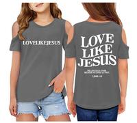 SUPTTING Camiseta para niña con estampado religioso y hombros recortados Top con verso de la Biblia y cuello redondo Camiseta de manga corta Camiseta de ocio Ajuste holgado para el tiempo libre