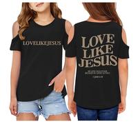 SUPTTING Camiseta para niña con estampado religioso y hombros recortados Top con verso de la Biblia y cuello redondo Camiseta de manga corta Camiseta de ocio Ajuste holgado para el tiempo libre
