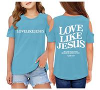 SUPTTING Camiseta para niña con estampado religioso y hombros recortados Top con verso de la Biblia y cuello redondo Camiseta de manga corta Camiseta de ocio Ajuste holgado para el tiempo libre