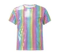 SUPTTING Camiseta para niño brillante y llamativa camiseta de lentejuelas cuello redondo de manga corta con purpurina, discoteca festiva efecto iridisco, parte superior de fiesta para discoteca