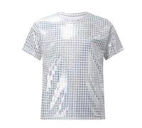 SUPTTING Camiseta para niño brillante y llamativa camiseta de lentejuelas cuello redondo de manga corta con purpurina, discoteca festiva efecto iridisco, parte superior de fiesta para discoteca