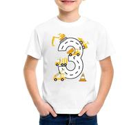 SUPTTING Camiseta para niños, número 3, excavadora, mezcladora de hormigón, grúa, cono de tráfico, cuello redondo, manga corta, camiseta de ocio, camiseta de 3 años, regalo de cumpleaños, vestimenta