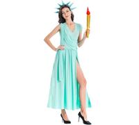 SUPTTING Disfraz de estatua de la Libertad para mujer, icónico, elegante, accesorio de antorcha, corona de radiación, vestido de diosa, patriótico clásico, vestido temático drapeado, disfraz americano