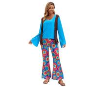 SUPTTING Pantalones unisex coloridos retro de dos piezas, camiseta de manga larga a juego, pantalones de los años 70, hippie floral, pierna acampanada para fiestas temáticas, Estilo-z02 azul, XL