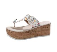 SUPTTING Sandalias para mujer, cómodas, únicas, con suela de corcho, flores, puntera abierta, zapatos de verano, con aplicaciones florales, cierre de hebilla, boho creativas para fiestas de verano