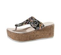 SUPTTING Sandalias para mujer, cómodas, únicas, con suela de corcho, flores, puntera abierta, zapatos de verano, con aplicaciones florales, cierre de hebilla, boho creativas para fiestas de verano