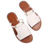 SUPTTING Sandalias para mujer, tacón plano, punta abierta, minimalistas, modernas, cómodas, informales, con detalle de cadena, para el día a día, paseos por la ciudad, Estilo O03 Blanco, 36 EU