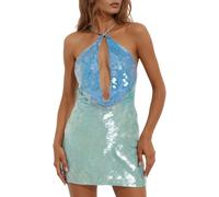 SUPTTING Vestido de Halloween para mujer, con lentejuelas, sexy, mini vestido con corte de corte, vestido de fiesta glamorosa de sirena, ropa de club con cuello halter Slim Fit para Nochevieja