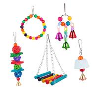 SUPVOX 5piezas Juguete de Madera de Loro para Pájaros de Juguetes Masticables para Loros Campana Colgante Hamaca Columpio Jaula de Pájaros Color Aleatorio