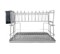 SUPYINI - Estante de secado plano de 2 niveles con portacubiertos, drenador de vajilla de acero inoxidable para encimera de cocina, soporte para platos de ahorro de espacio para cuencos, platos