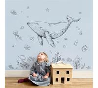 Supzone Pegatians de pared Ballena Blanco y Negro Océano Peces Algas Hierba Medusas Vinilos Decorativos Bajo el mar de Arte Adhesivos Pared para bebé Guardería Dormitorio niños baño