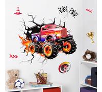 Supzone Pegatinas de pared 3D Racing de Coches Vinilos Decorativos Camión de Carreras Emerger a Través del Muro Adhesivos Pared para Habitación Niños Guardería Sala de juegos Aula