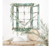 Supzone Pegatinas de Pared Falsas Ventanas Verdes Durmiendo Gato en la Hamaca Vinilos Decorativos 3D Adhesivos Pared para Sala de Estar Dormitorio Muebles Armario