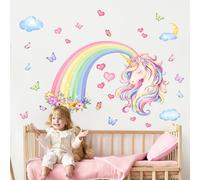 Supzone Pegatinas de Pared Unicornio Arcoíris Grande Arco Iris Flores Mariposas Decorativos Mural de Acuarela Adhesivos Pared para Dormitorio Niños Guardería Sala de Estar Sala de Juegos