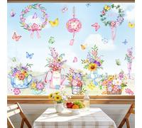Supzone Pegatinas de Ventana Flor Jarrón Mariposas Primavera Verano Vinilos para Ventanas Vinilo No Adhesivo de Pegatinas Vidrio Ventana