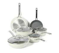 Sur La Table Kitchen Essentials - Juego de 10 ollas y sartenes de cerámica de titanio no tóxicas y antiadherentes de aluminio forjado, sin PFA, color blanco lino, compatible con inducción