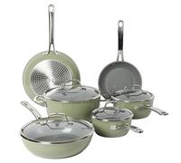 Sur La Table Kitchen Essentials - Juego de 10 ollas y sartenes de cerámica de titanio no tóxicas y antiadherentes de aluminio forjado, sin PFA, color verde, compatible con inducción