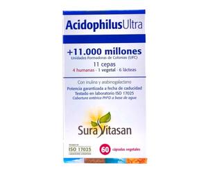 Sura Vitasan Acidophilus Ultra 60 Cápsulas Vegetales - Con Prebióticos (FOS y AOS) - Probiótico Avanzado con 11 Cepas y 11.000 Millones de Microorganismos - Flora Intestinal y Sistema Inmune