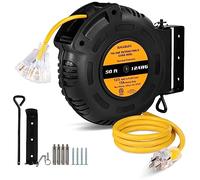 SURAIELEC Carrete de cable de extensión retráctil de calibre 12, 50 pies 12 AWG/3C SJTOW cable de alimentación resistente, 3 tomacorrientes de triple llave, interruptor de circuito de 15 amperios,