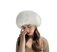 Surakey Sombrero de invierno de piel sintética para mujer, estilo ruso, sombrero mongol, esponjoso, pompón, trampero, bombardero, calentador de orejas, blanco, Taille unique