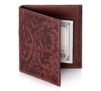 SURAZO Cartera de Piel para Hombre y Mujer - Cartera Hecha a Mano con Relieve de Flores - Cartera Delgada con Pinza para Dinero, 4 Compartimentos para Tarjetas y Compartimento para Monedas - Cartera