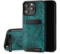 SURAZO Funda de Piel auténtica para Apple iPhone 15 Pro MAX, Resistente a los Golpes, Funda para teléfono móvil con [Tarjetero, función Atril, Llavero] Funda Protectora Floral Delgada (Adorno