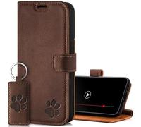 SURAZO Funda de Piel para Apple iPhone 15 Pro MAX - Funda de Piel auténtica con diseño de Pata - Funda RFID [magnética, función Atril, Tarjetero] Funda de Piel (marrón Nuez)