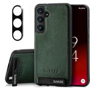 SURAZO Funda de Piel para Samsung Galaxy S25 con protección de cámara, Piel auténtica, Parte Trasera [función Atril] [Llavero] antigolpes, Piel auténtica (Nobuck Verde)