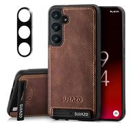 SURAZO Funda de Piel para Samsung Galaxy S25 con protección de cámara, Piel auténtica, Parte Trasera [función Atril] [Llavero] antigolpes, Piel auténtica (marrón)