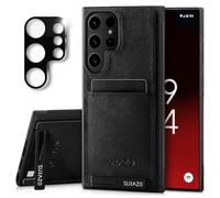 SURAZO Funda de Piel para Samsung Galaxy S25 Ultra con protección de cámara, Piel auténtica, Parte Trasera de teléfono móvil, Tarjetero, función Atril, Llavero, Resistente a los Golpes, Color Negro