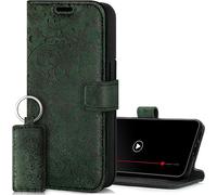 SURAZO Funda para Apple iPhone 15 Plus, de Piel, Plegable, de Piel auténtica, con imán, Tarjetero, protección RFID, diseño Floral, Color Verde