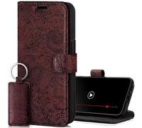 SURAZO Funda para Apple iPhone 15 Pro MAX, de Piel, Plegable, de Piel auténtica, con imán, Tarjetero, protección RFID, diseño Floral, Color Burdeos