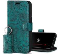 SURAZO Funda para Apple iPhone 15 Pro MAX, de Piel, Plegable, de Piel auténtica, con imán, Tarjetero, protección RFID, con diseño Floral, Color Turquesa