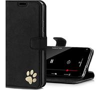 SURAZO Funda para iPhone 12 - Funda de piel auténtica de con diseño de huellas - Negro ante - Funda tipo cartera con función atril hecha a mano en Europa para Apple iPhone 12/12 Pro