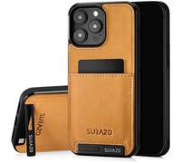 SURAZO Funda Trasera de Piel auténtica para Apple iPhone 15 Pro MAX - Funda de Piel Resistente a los Golpes con [Tarjetero, función Atril, Llavero] Vintage Slim Bumper Case (Camel)