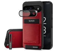SURAZO Funda Trasera de Piel auténtica para Google Pixel 9, Resistente a los Golpes, con Protector de cámara, Tarjetero, función Atril, Llavero, Color Rojo