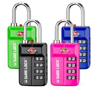 SURE LOCK TSA Approved 4-Digit Resettable Combination Luggage Locks with Open Alert, Easy-Read Dials - for Luggage, School Lockers, Gym, Office, Toolbox & Security Cases(4 Assorted Colors)