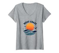 Surf Retro en la Costa Oeste en Sunset Beach Camiseta Cuello V, Mujer, Gris Jaspeado, XXL