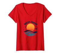Surf Retro en la Costa Oeste en Sunset Beach Camiseta Cuello V, Mujer, Rojo, XXL